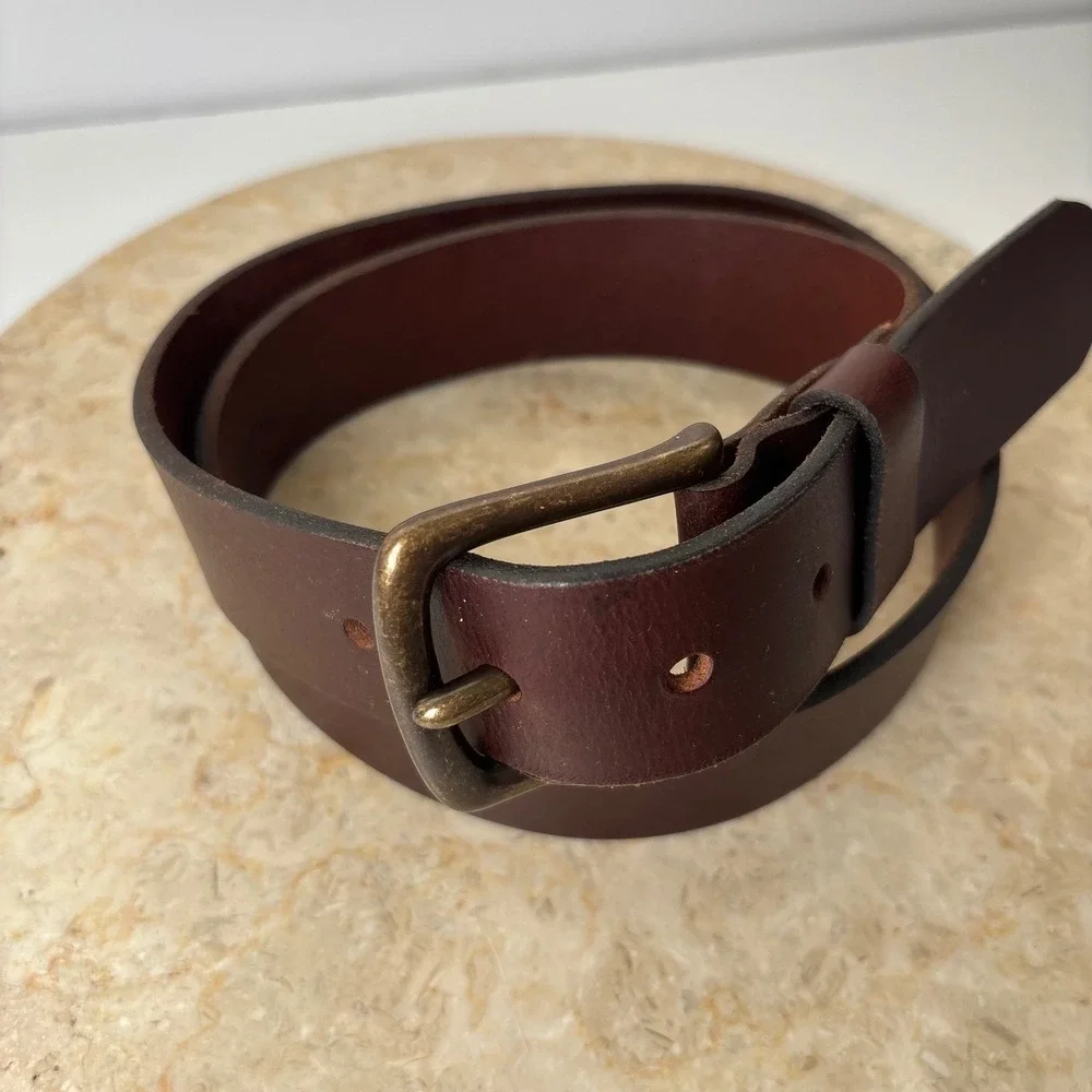 Mens Eddie‎ Bauer Dark Brown Genuine Leather Belt Antiqued Brass Buckle Classic